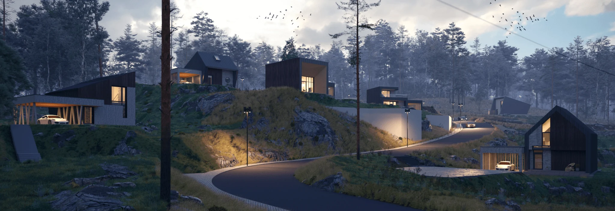 NP5 architectural development concept in a wooded landscape